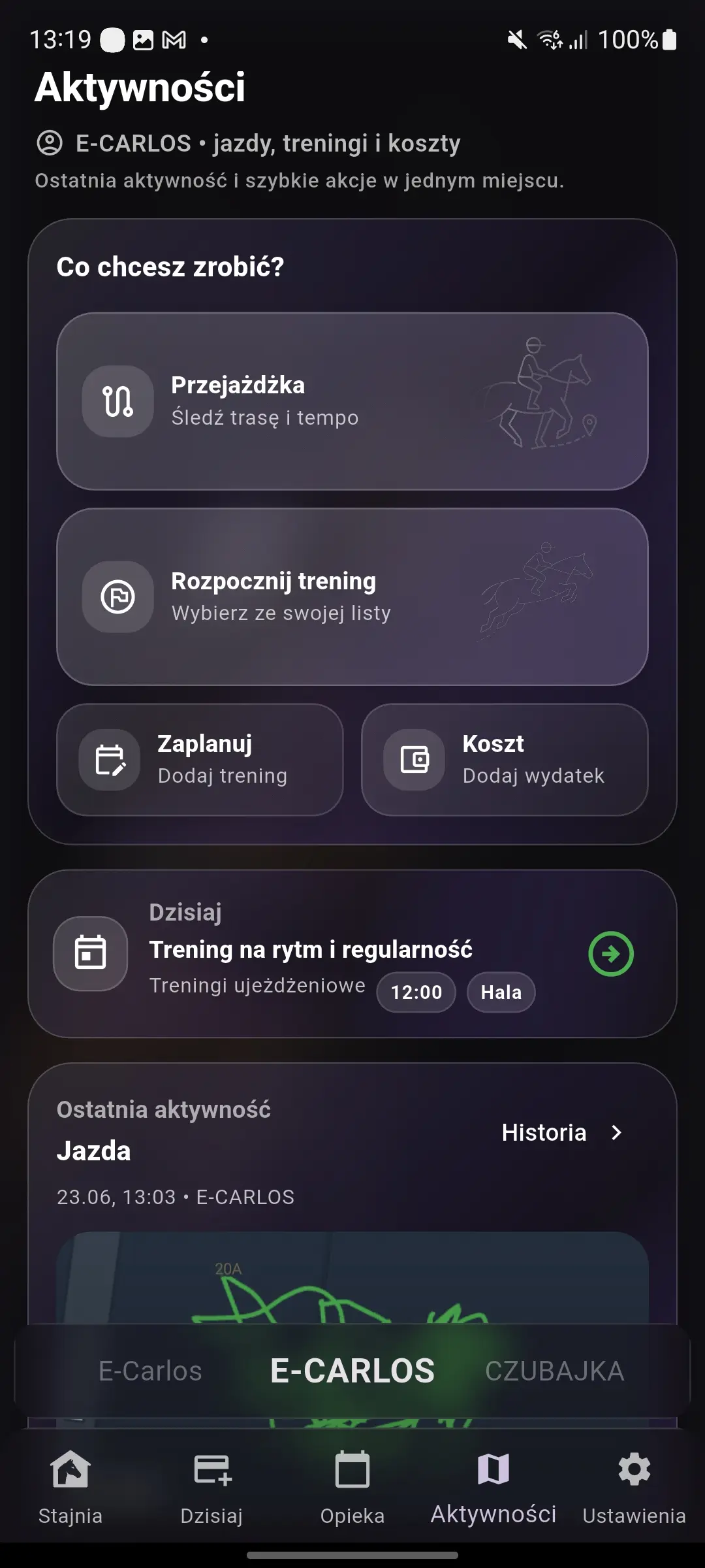 Ekran aktywności w RideBuddy EQ